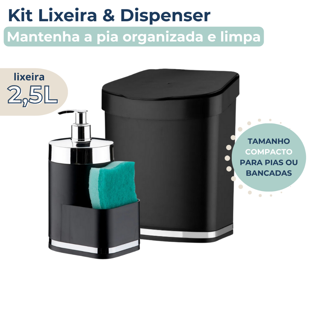 Kit Pia 2 Peças Dispenser Porta Detergente E Bucha Lixeira 2,5L Preto e Cromado Future em Oferta na Shopee