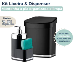 Kit Pia 2 Peças Dispenser Porta Detergente E Bucha Lixeira 2,5L Preto e Cromado Future