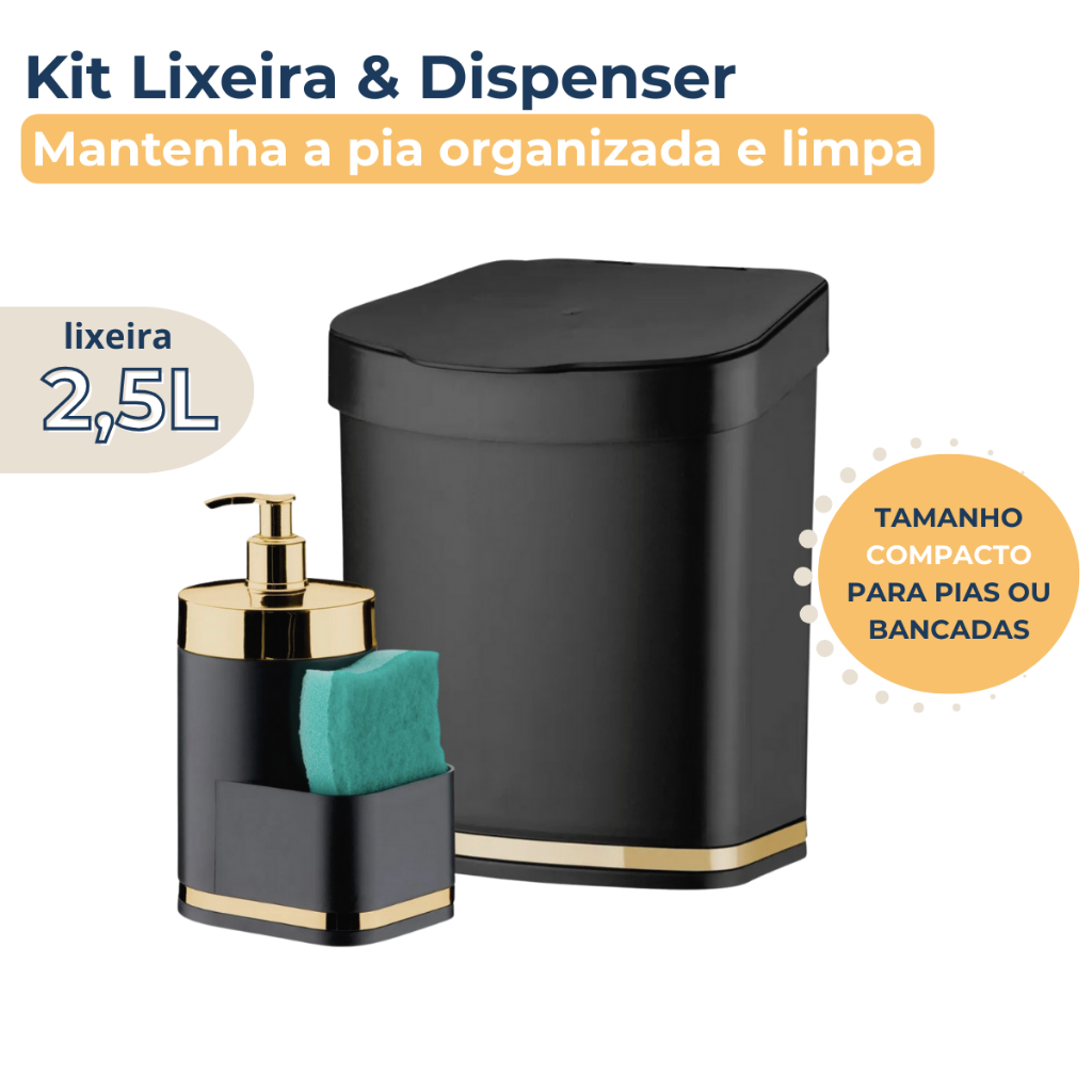 Kit Pia 2 Peças Dispenser Porta Detergente E Bucha Lixeira para Pia 2,5L Preto e Dourado Future
