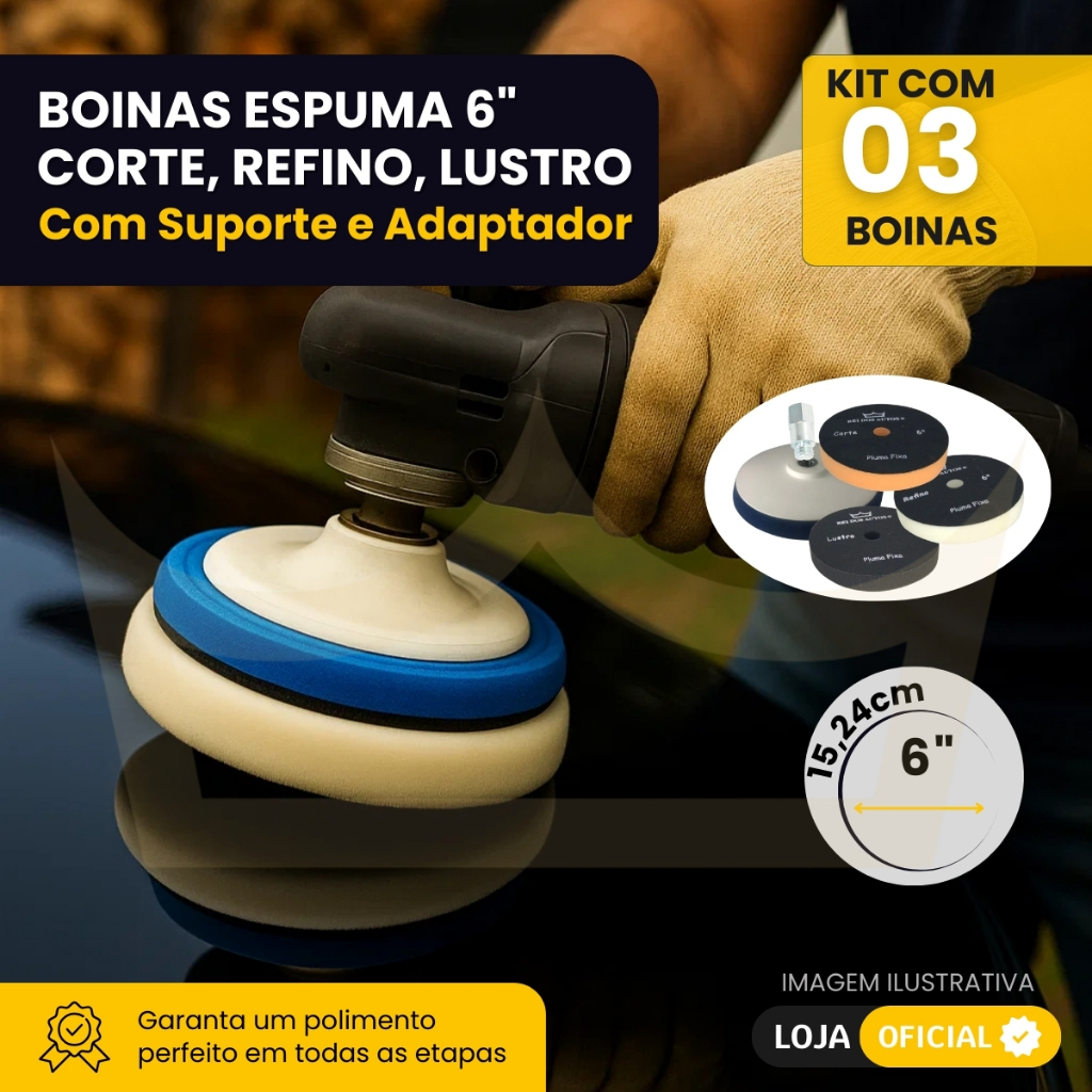Kit Polimento Boinas Espuma 6 Polegadas Corte Refino Lustro Suporte Adaptador m14 Rei Dos Autos