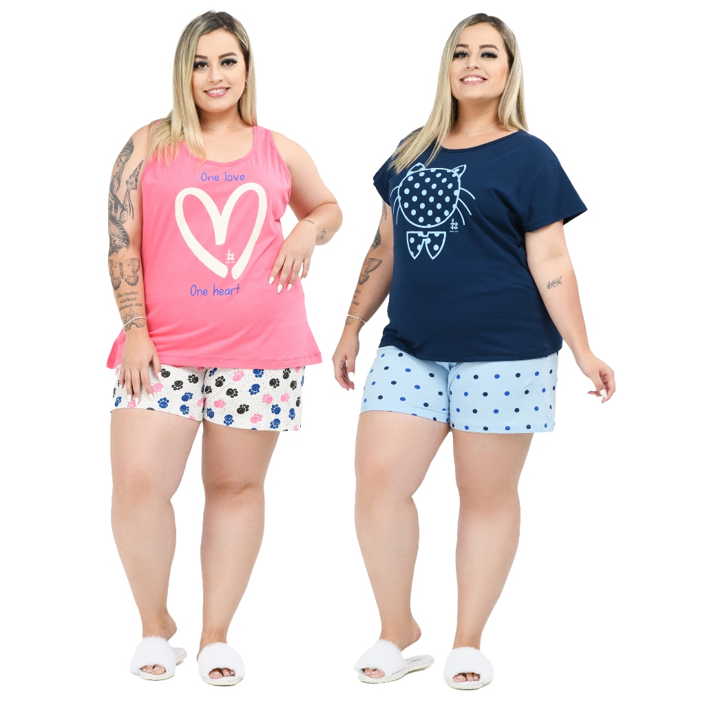 Kit 2 Pijamas Feminino Plus Size G1 ao G6 Meia Manga e Regata em Algodão Premium Leve Confortável e Versátil