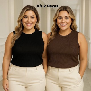Kit 2 Regatas Feminina Canelada Premium Plus Size Algodão Elastano em Oferta na Shopee