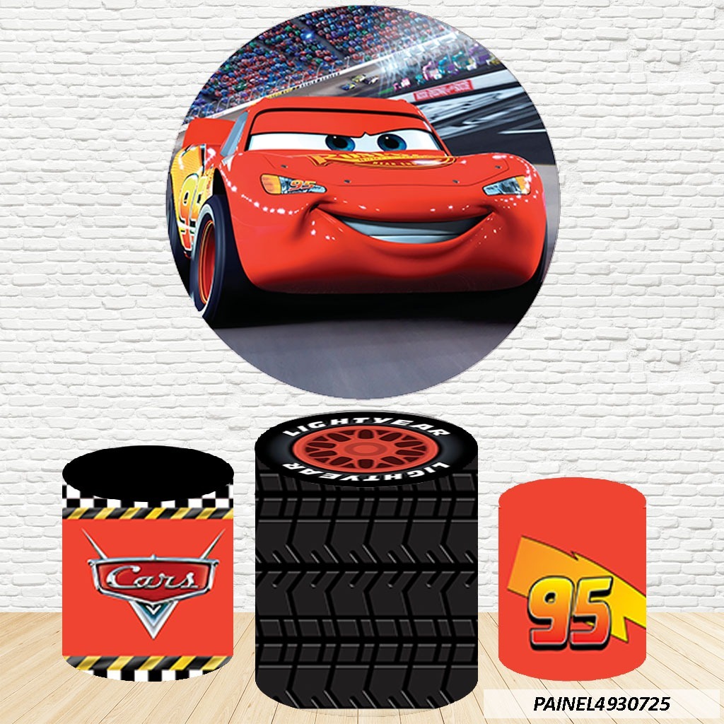 Kit de Capa Painel Redondo Sublimado McQueen 1,50M + Trio Capas de Cilindro C/Elástico