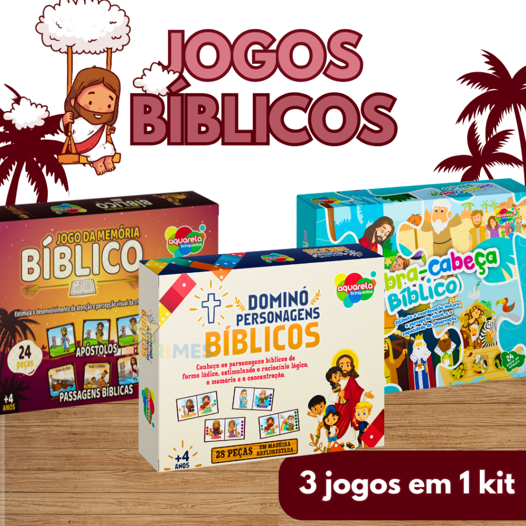 KIT 3 Jogos Bíblicos Educativos Infantil – Dominó + Memória + Quebra-Cabeça | Aprendizado cristão católico em Oferta na Shopee