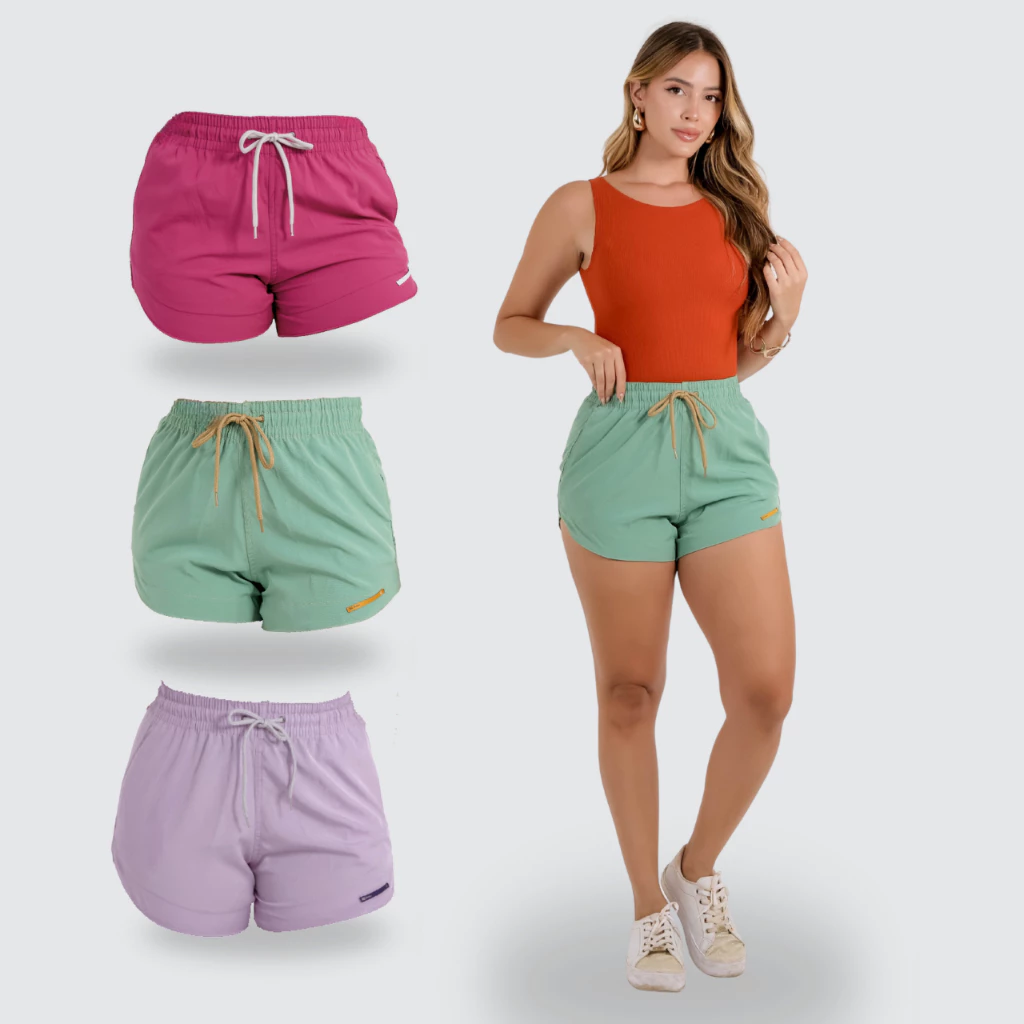Kit 3 Short Tactel Com Elastano Feminino Moda Fitness Praia Bloguerinha Cintura Alta — imagem 1