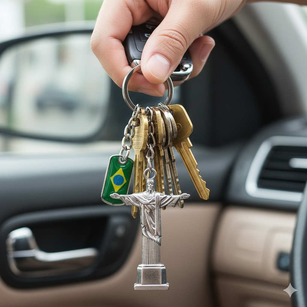 Kit 3 Chaveiros Metal Cristo Redentor com Bandeira do Brasil