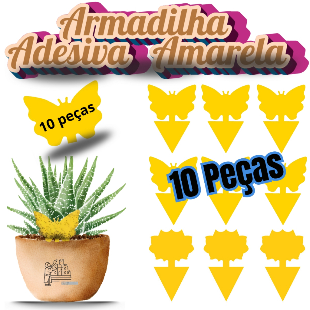 Kit 10 Armadilha Adesiva Dupla Face Cartela Amarela Contra Insetos Para Controle de Moscas de Vasos