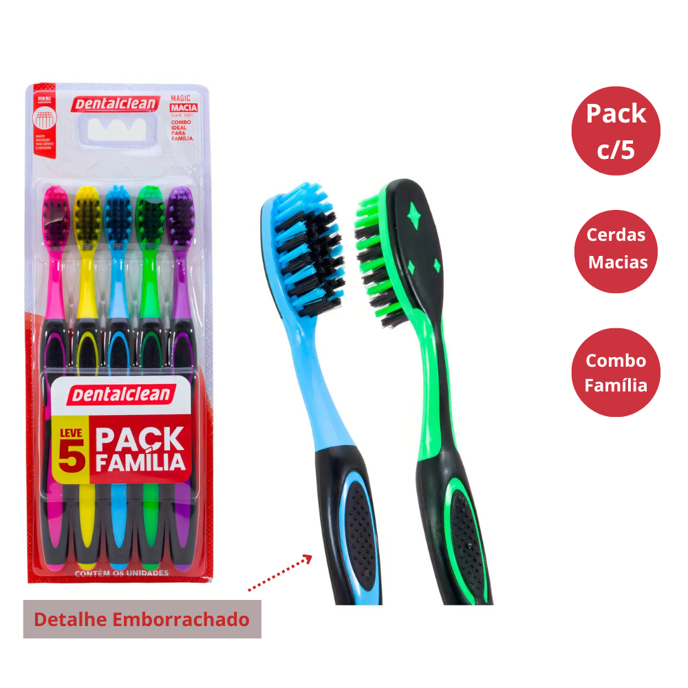 Kit 5 Escovas de Dente Macias Dentalclean Magic Pack Família Higiene Bucal Adulto