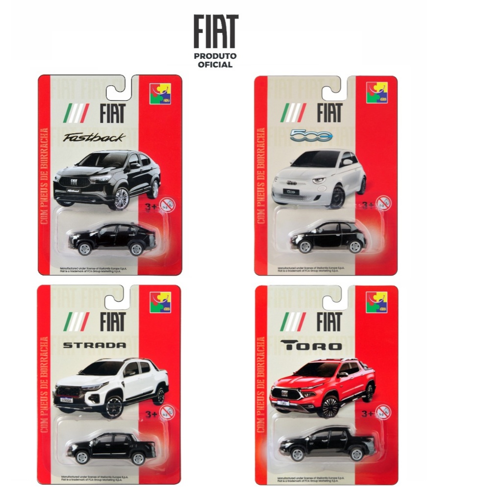 Kit com 4 Miniaturas Fiat (500e, Strada, Toro e Fastback) - CKS - 1/64 - Pneus de borracha