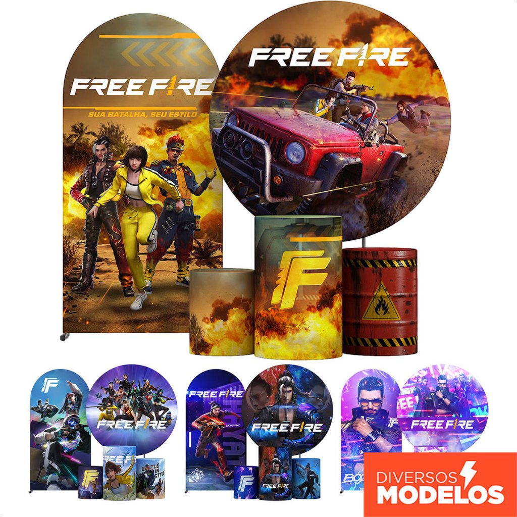 Painel de Festa Free Fire Casado + Capa Cilindro Decoração Sublimado Em Tecido - Licenciado