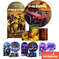 Painel de Festa Free Fire Casado + Capa Cilindro Decoração Aniversário Sublimado Em Tecido - Licenciado
