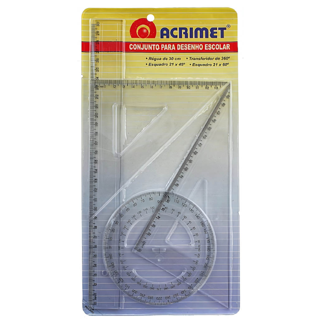 Conjunto Transferidor Esquadro Régua Tecnico Escolar Desenho Com Escala Acrimet Transparente 562 em Oferta na Shopee