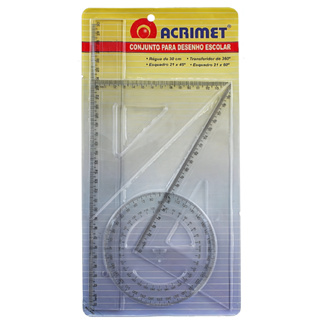 Conjunto Transferidor Esquadro Régua Tecnico Escolar Desenho Com Escala Acrimet Transparente 562 em Oferta na Shopee