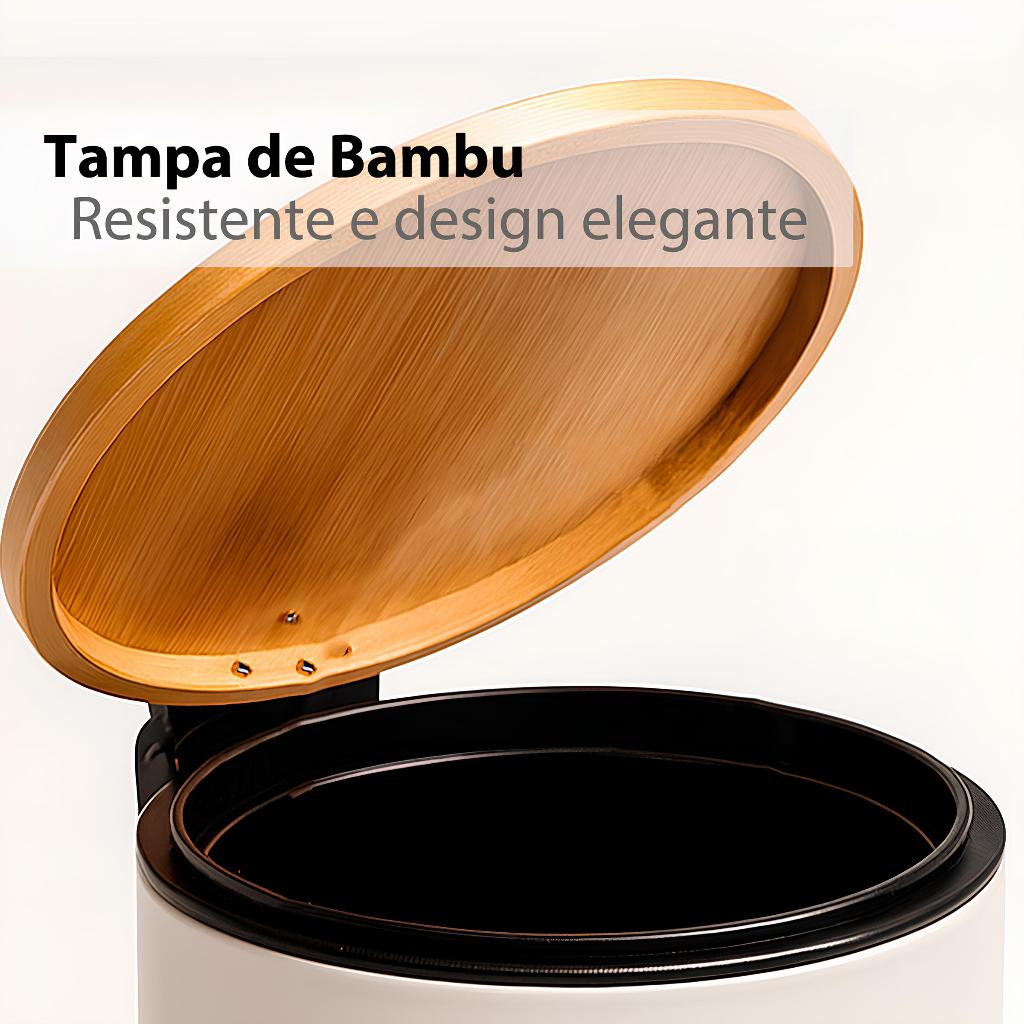 Lixeira Tampa de Bambu 9, 5, 3 Retangular Litros Inox Luxo Preta Branca Pedal Cesto Removível Banheiro C/ Alça