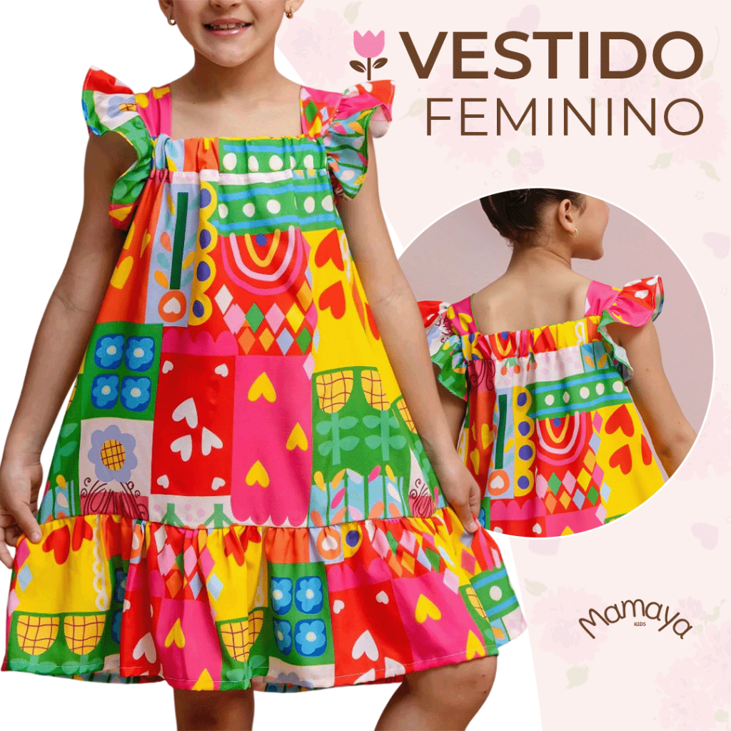 Vestido Infantil Menina Estampado Colorido Bloguerinha Luxo Casual Delicado Premium 4 a 12 Anos Festa Aniversário