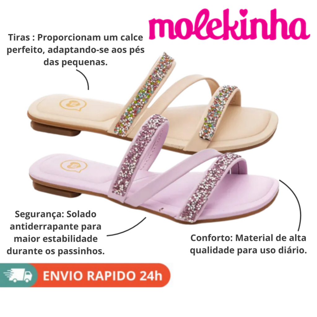Rasteira Infantil Feminina Molekinha Strass Moderna Estilosa Confortavel Passeio Festa Ref 2354.117