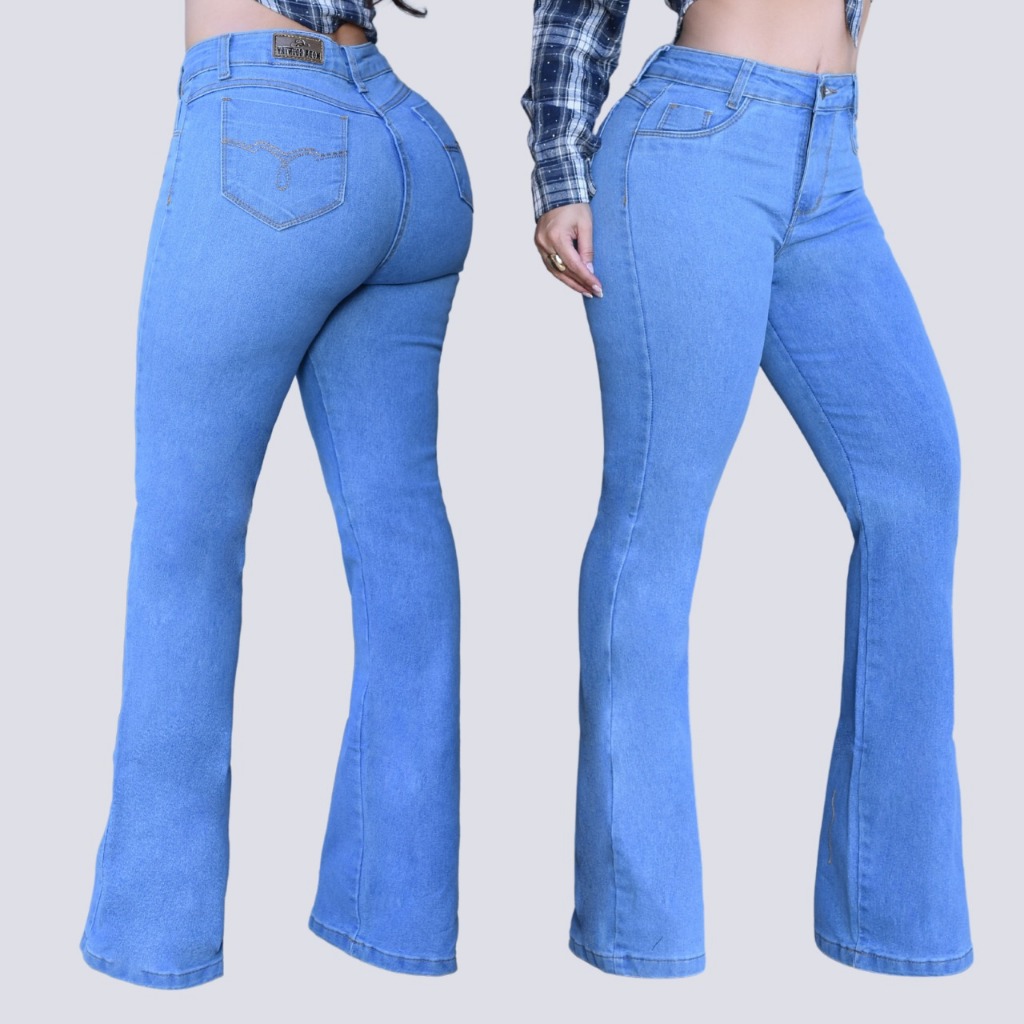 Calça Jeans Feminina Flare Country com Elastano Cintura Alta Montaria Tecido Grosso Empina Bumbum