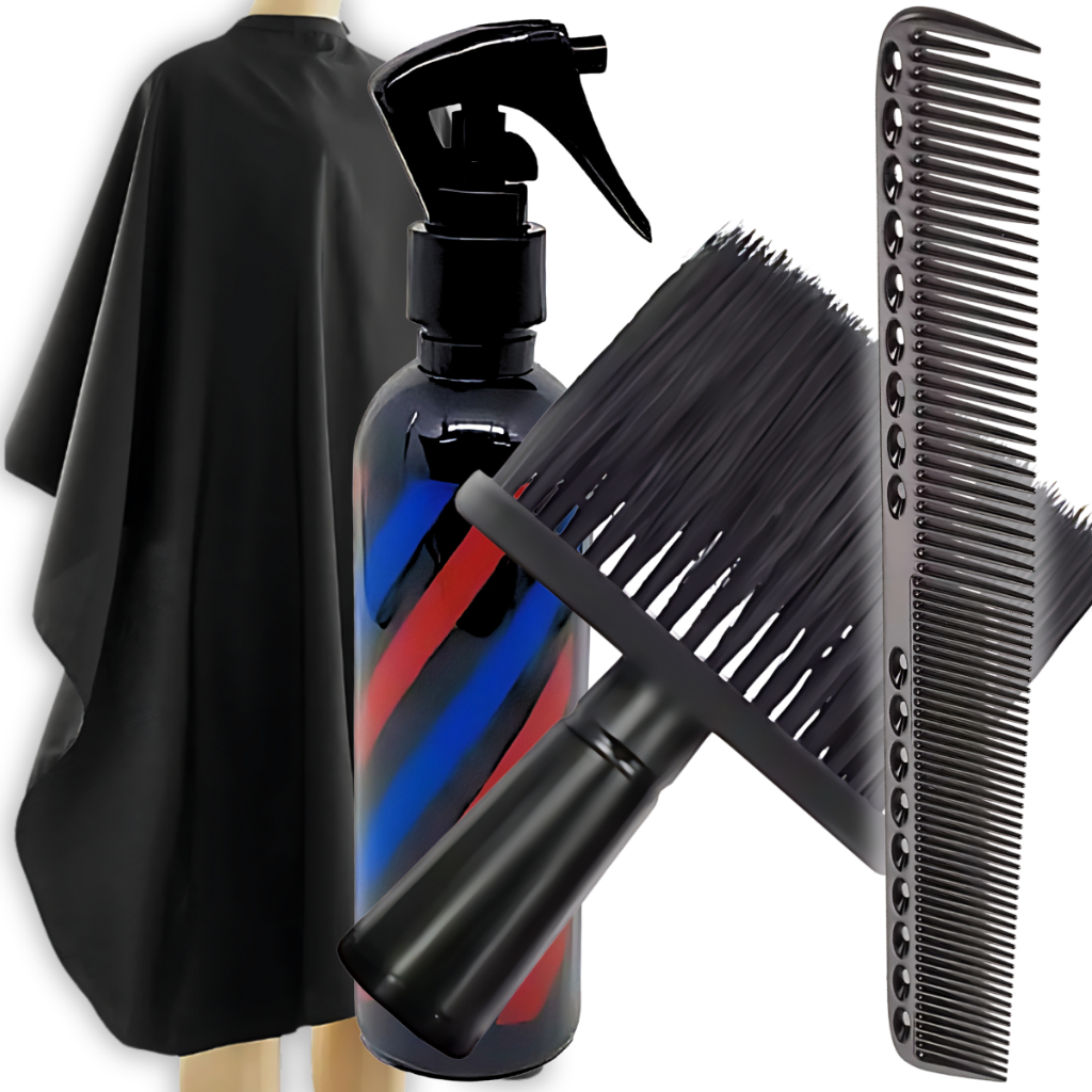 Kit Barbeiro Profissional Capa De Corte + Borrifador + Pente Carbono + Espanador Profissional