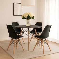 Conjunto Mesa Redonda 90cm com 4 Cadeiras Saarinen DSW Pés de Madeira Sala Jantar Eames