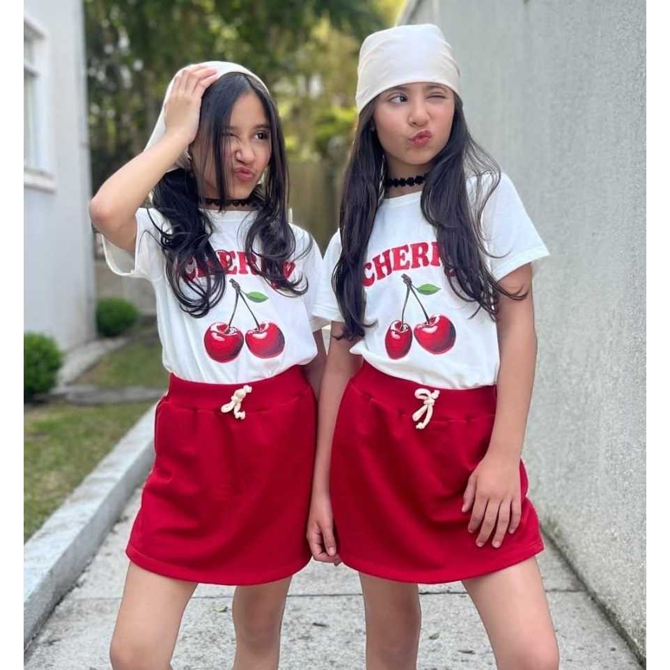 Conjunto infantil feminino fashion camiseta malha + shorts saia moletinho tendencia kids