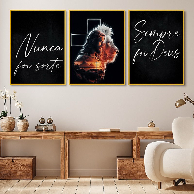 Quadro Decorativo Leão 60x40 – Nunca Foi Sorte Sempre Foi Deus, Religioso e Motivacional