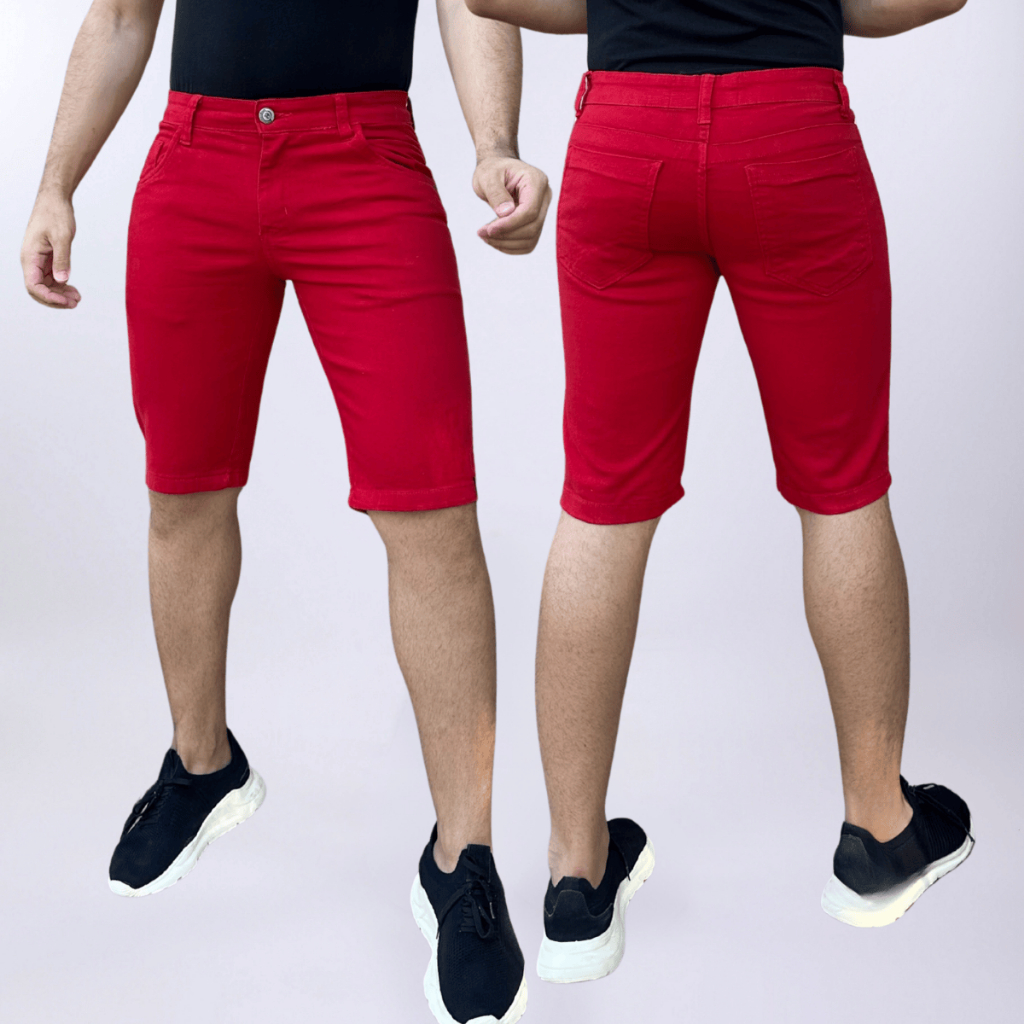 Bermuda Vermelha Masculina Short Sarja Brim Colorida Premium Com Lycra Bolso Relógio Esporte Fino