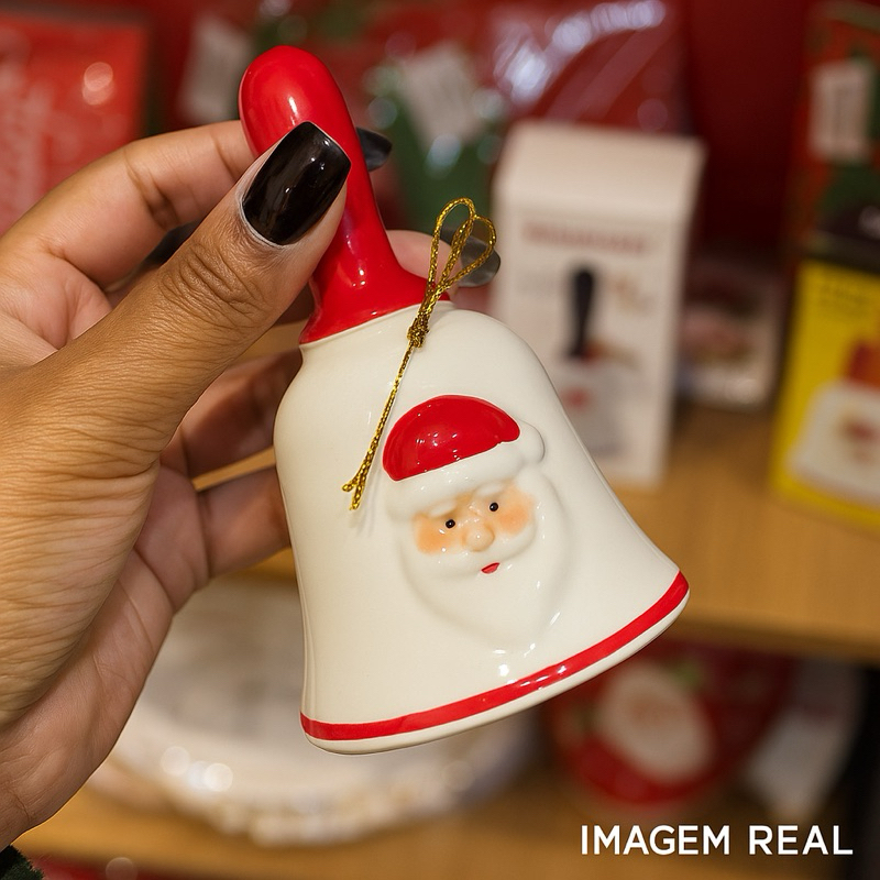 Sino de Mão Natalino Papai Noel Branco 13x7cm Decoração de Natal