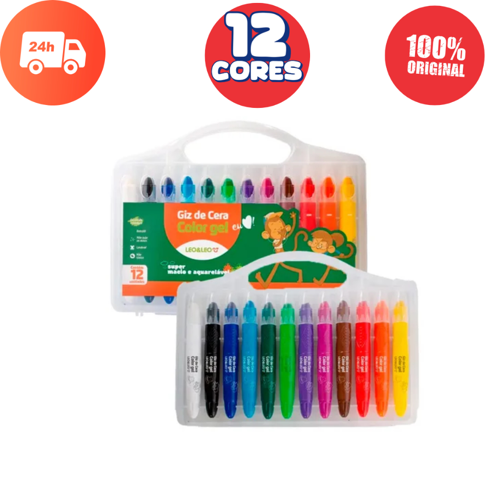 Giz de Cera Color Gel 12 Cores Retrátil Estojo Maleta LeoeLeo Macio e Aquarelável em Oferta na Shopee