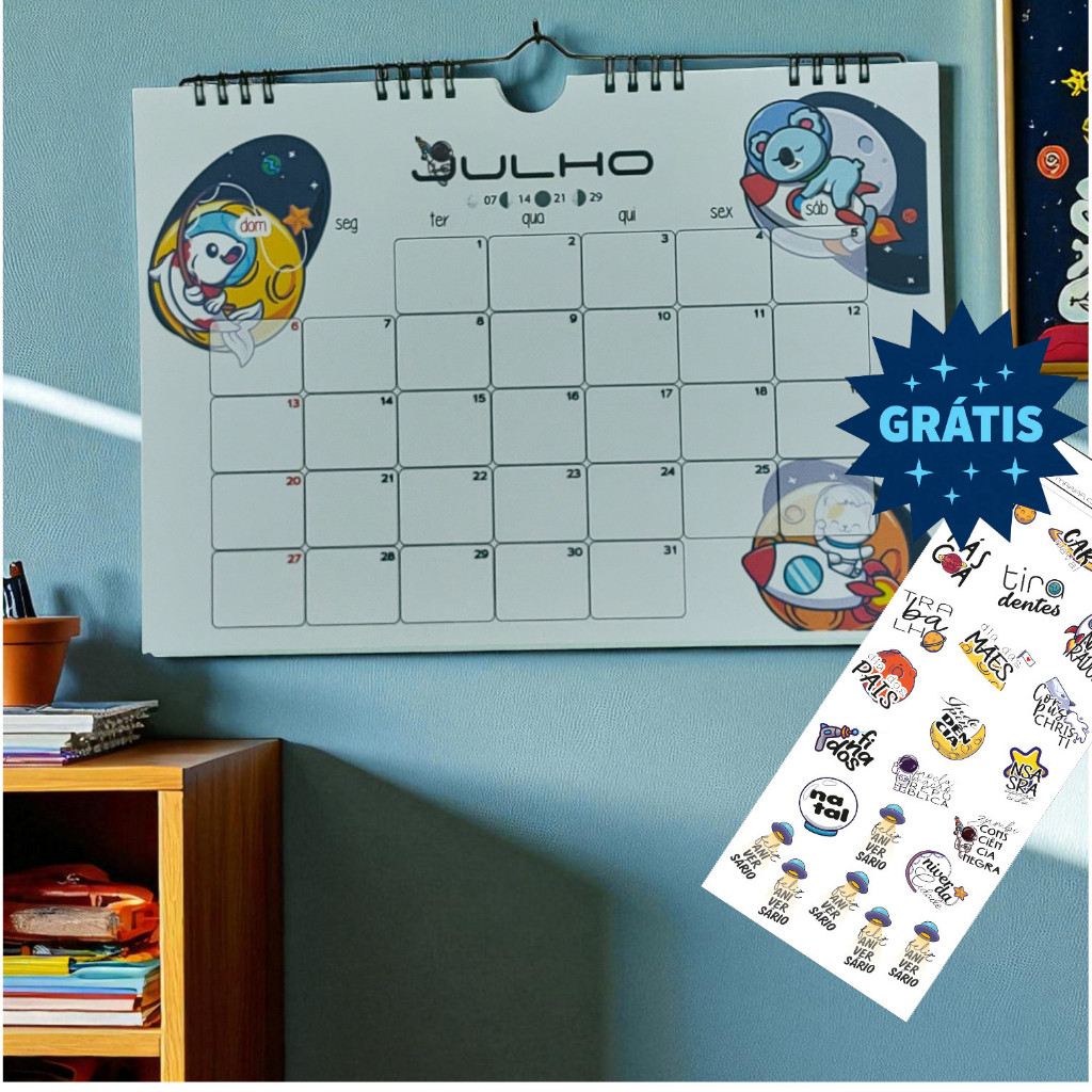 Calendário de Parede 2026/2027 - Base Wire-O Horizontal A4 - Astronauta e Animais em Oferta na Shopee