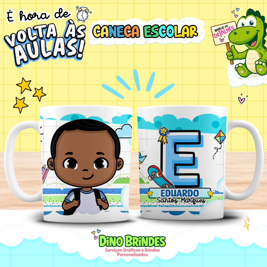 📚✨ Caneca Escolar Personalizada Infantil 400ml – 🧒Alunos (Pele Negra e Cabelo Preto) ✔️ em Oferta na Shopee