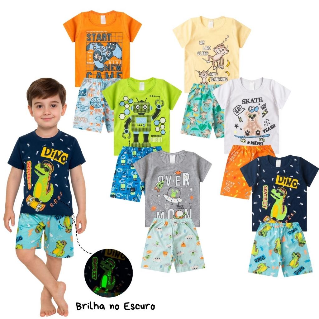 Kit Pijama Infantil Menino Algodão 6 Peças ou 4 Peças Camiseta e Short Verão Tamanho 1 ao 8 anos