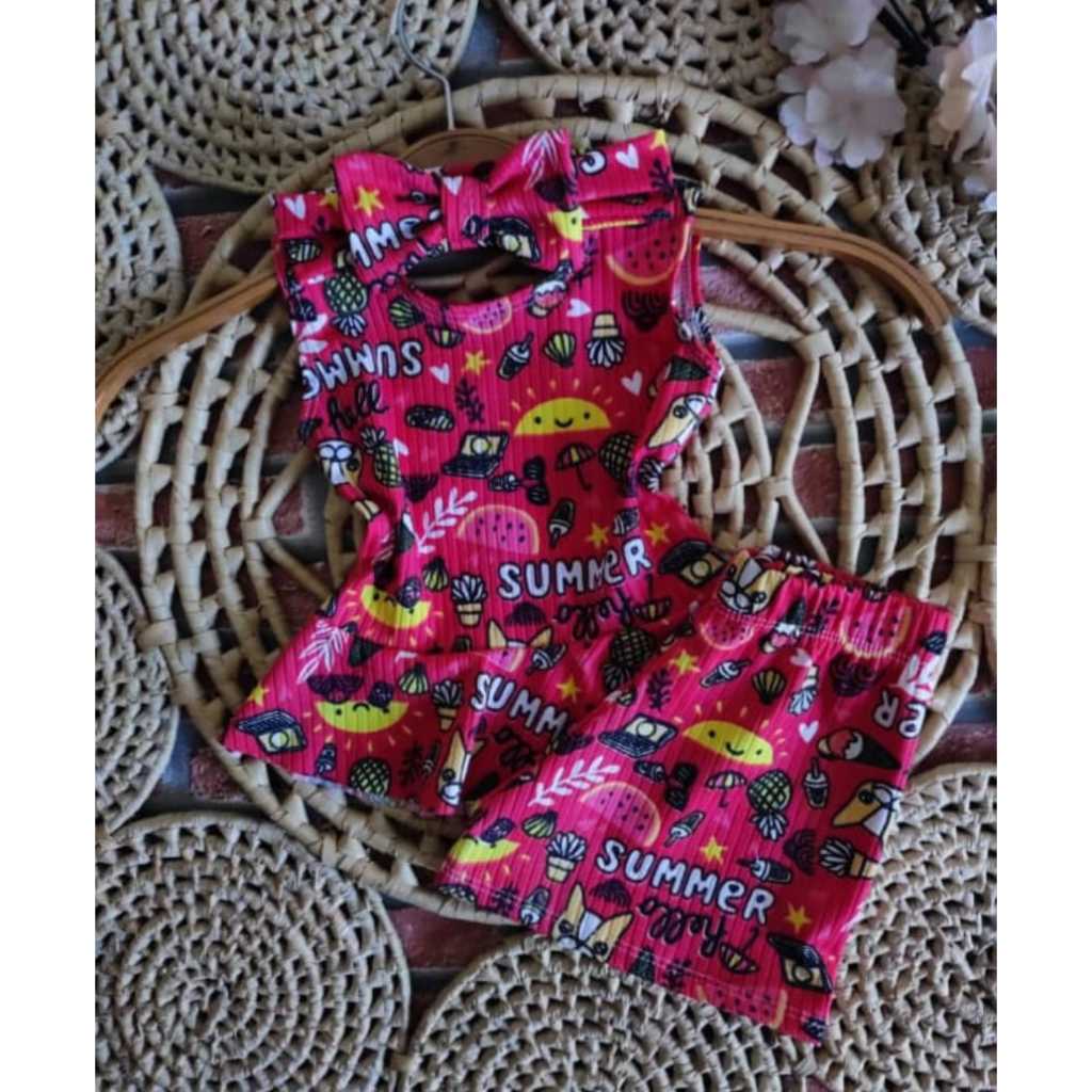 Conjunto Infantil Feminino SUMMER (Blusa+Shorts+Tiara) Vermelho Estampado Canelado Tamanho Único (9 meses a 2 anos)