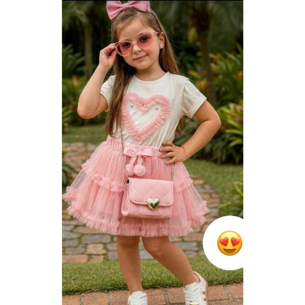 Conjunto Infantil Menina Shorts Saia Tule Babado Blusa de Coração Moda Gringa