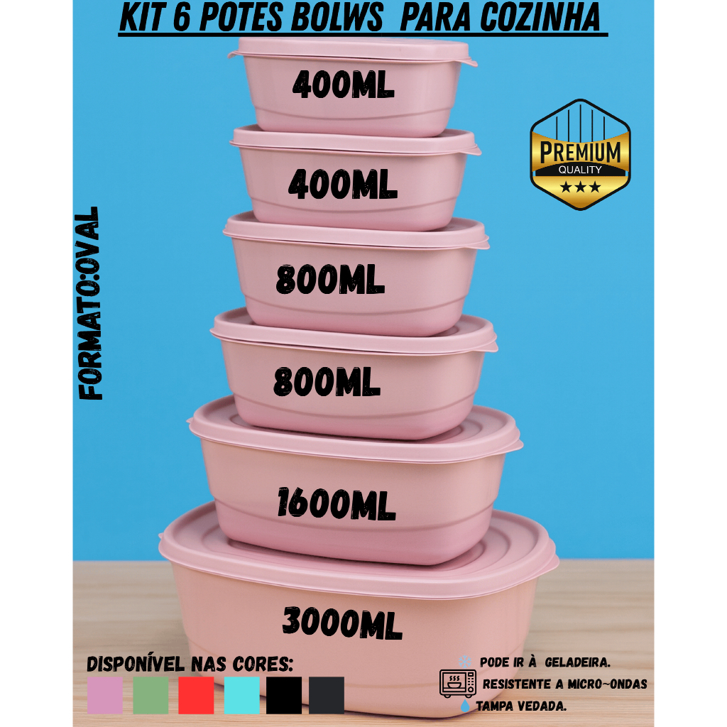 Kit Oval 6 Potes Herméticos Plásticos com Tampa Multiuso- Armazenamento de alimentos e Marmitas Cozinha Mantimentos em Oferta na Shopee