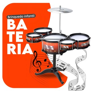 Bateria Musical Infantil 5 Tambores e 2 Baquetas Brinquedo Educativo Crianças Desenvolve