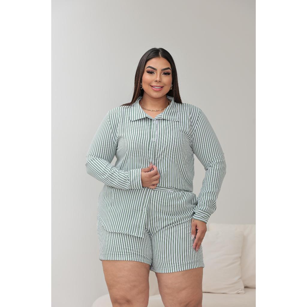Conjunto Feminino Plus Size Listrado Camisa Manga Longa + Shorts Confortável — imagem 2 de 2