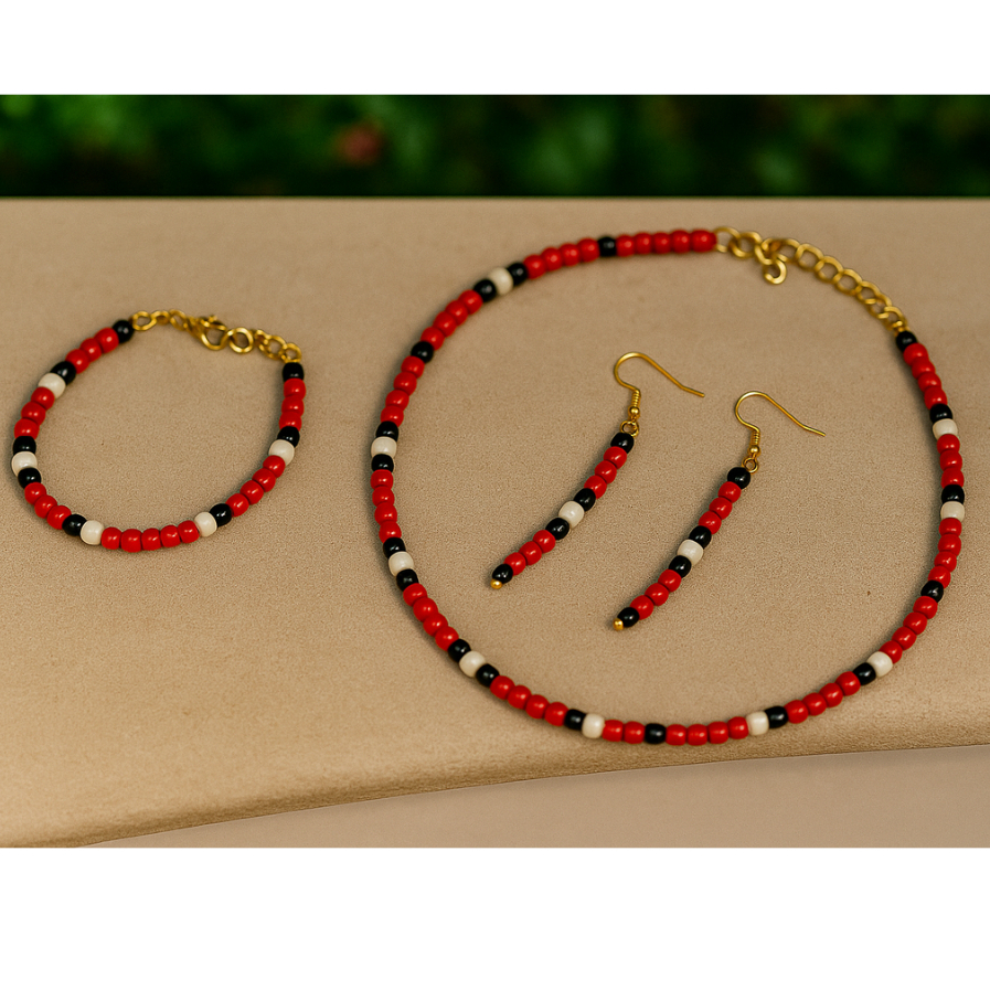 Kit Conjunto Bijuteria Cobra Coral - Colar,Brincos e Pulseira de Miçangas Feminina - Proteção Espiritual