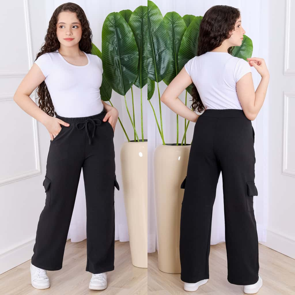 Calça Cargo Juvenil Feminina 10 a 16 Anos Wide Rosa Malha Crepe Confortável em Oferta na Shopee