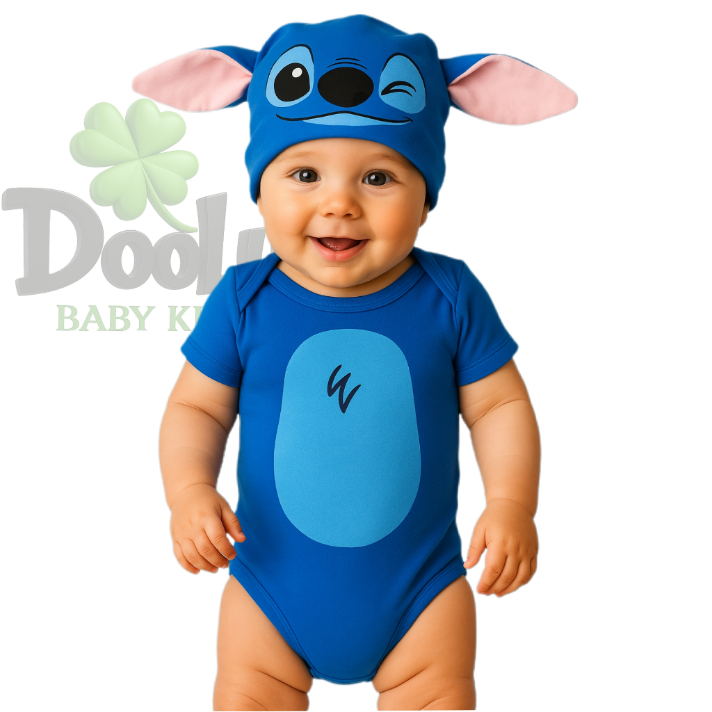 Body Bebê Stitch Mêsversário Temático + Touca / Fantasia Infantil Stitch Barriga