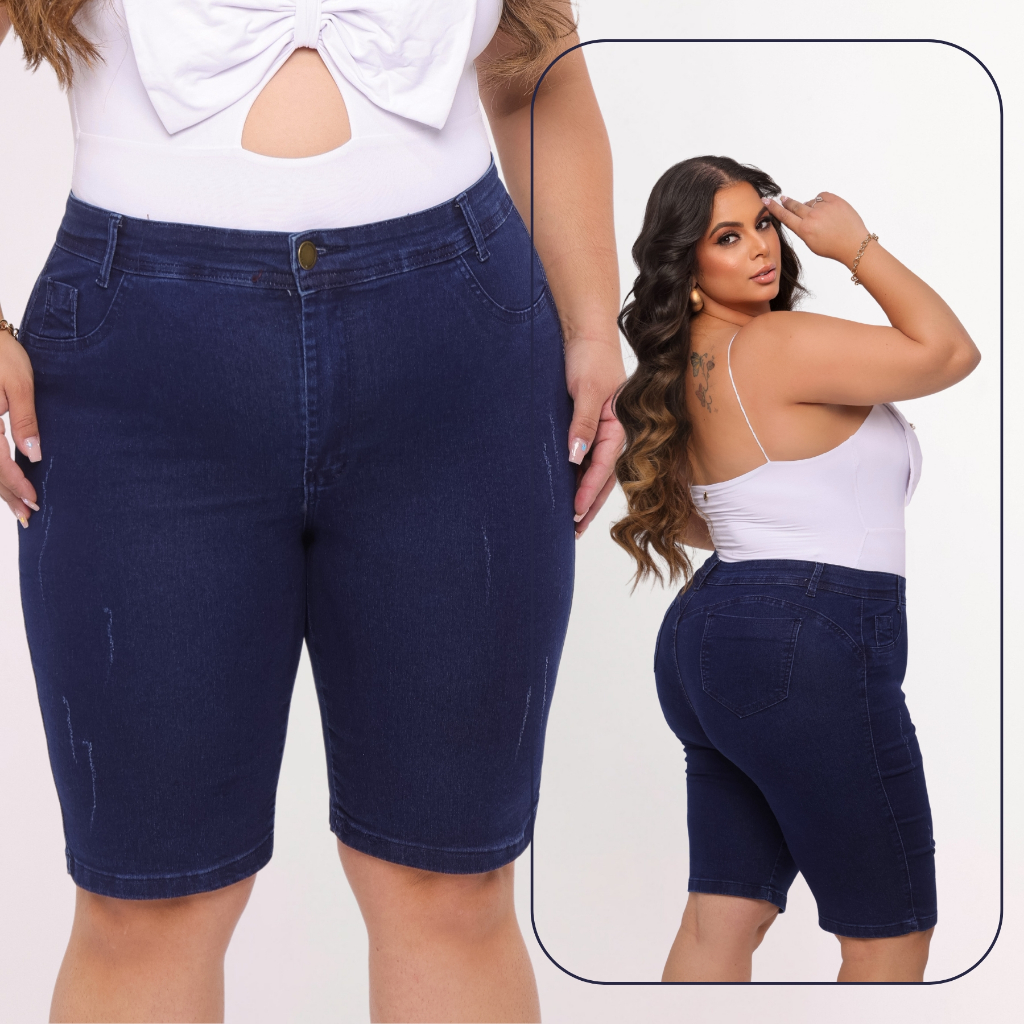 Bermuda Short Jeans Feminina Plus Size Ciclista Jump At Joelho Cintura Alta com Lycra Levanta Bumbum em Oferta na Shopee