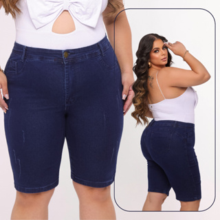 Bermuda Short Jeans Feminina Plus Size Ciclista Jump At Joelho Cintura Alta com Lycra Levanta Bumbum em Oferta na Shopee