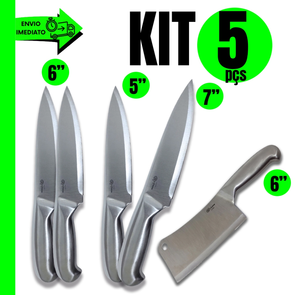 Conjunto Faca Profissional 2 Facas 6'' + 1 Faca 5'' e 1 Faca 7'' + Cutelo Texas 6'' Profissional tudo Em Aço Inox