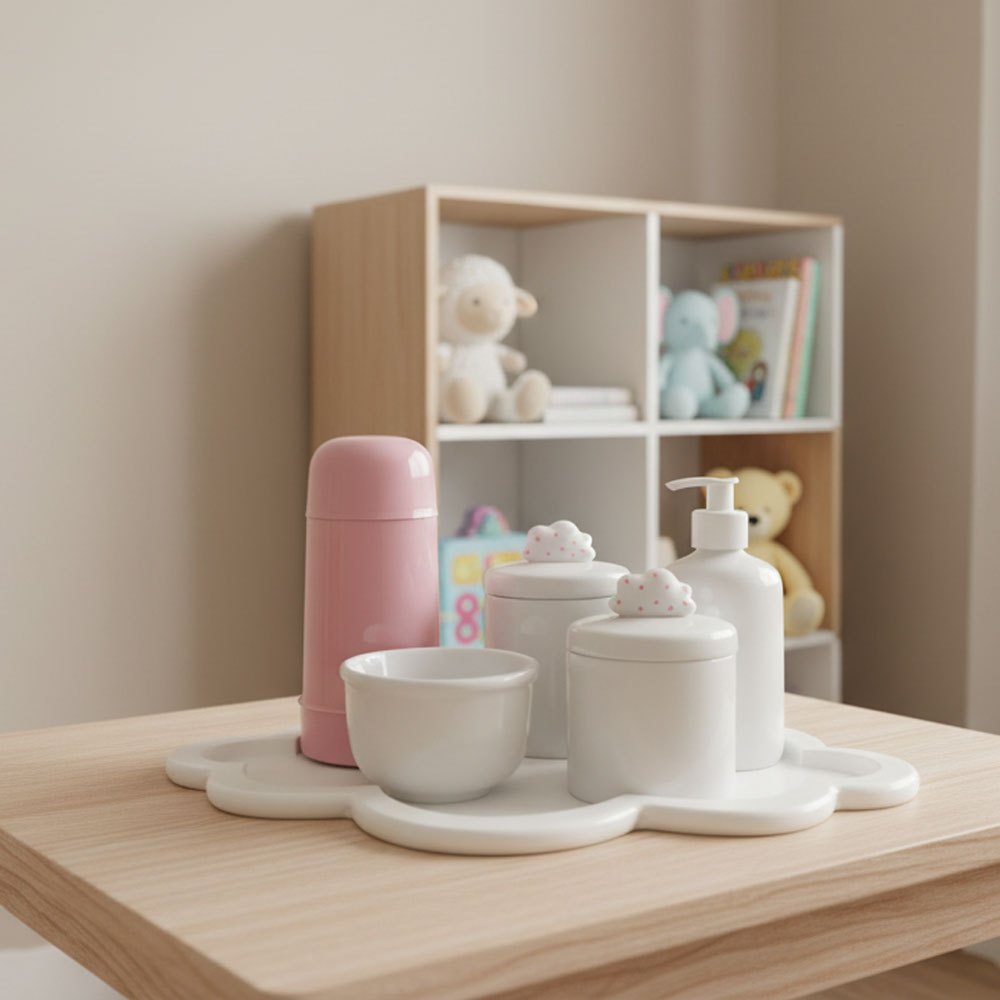 Kit Higiene C/ Garrafa Térmica Pote Algodão E Cotonete Nuvem Rosa Poá