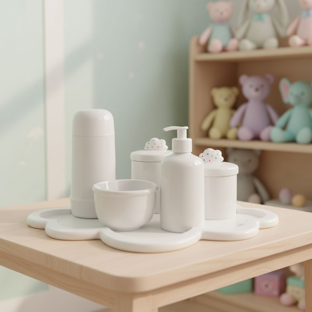 Kit Higiene C/ Garrafa Térmica Pote Algodão E Cotonete Nuvem Branco Poá