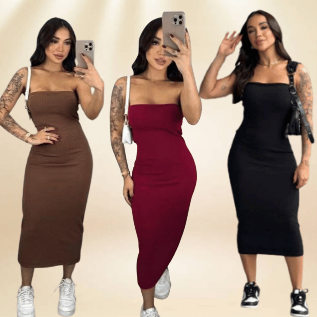 Vestido Midi Tomara que Caia Canelado - Elegância e Conforto em um Único Vestido! TECIDO ANARRUGA!