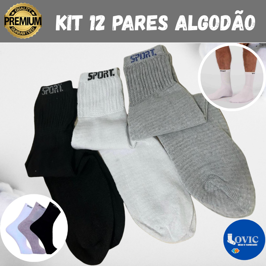 Kit Com Até 12 Pares De Meias Cano Alto Sport Masculina Feminina Unissex Algodão Sortidas Premium em Oferta na Shopee