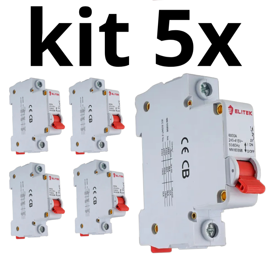 kit 5 Disjuntor Unipolar Din 6,10,16,20,25,32,40,50,63 Amperes
