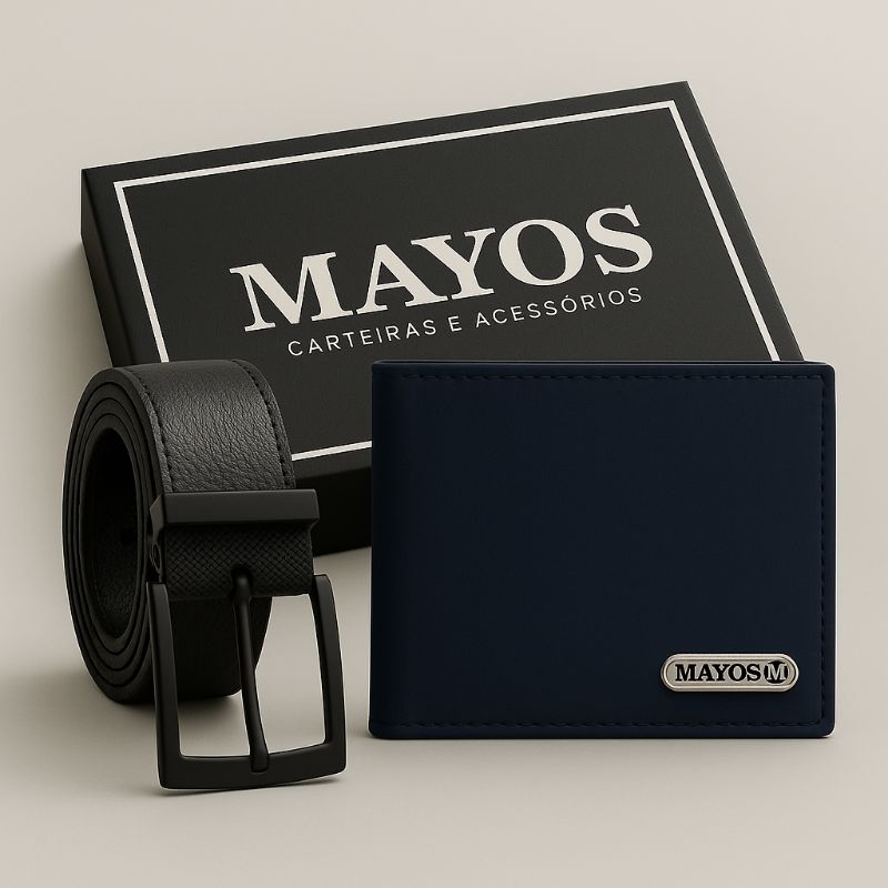 Kit Cinto Masculino 125 CM + Carteira Masculina Couro Sintético MAYOS (COM CAIXINHA).