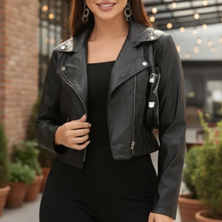 Jaqueta Feminina de Couro Sintético Outono Inverno Elegante com Zíper e Botões em Oferta na Shopee