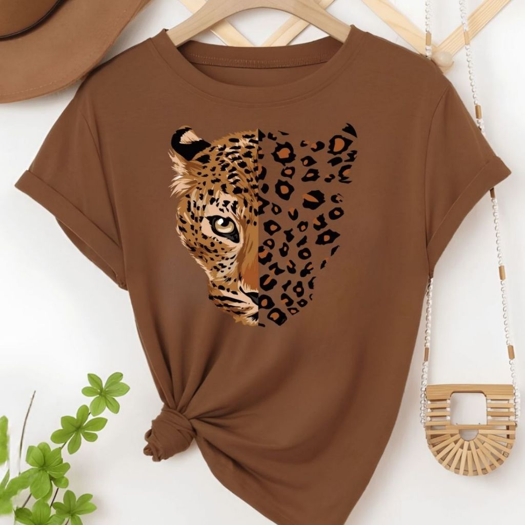 T-shirt Feminina 100% Algodão Estampa Tigre Onça Estilosa Confortável Moda Blogueira 2026